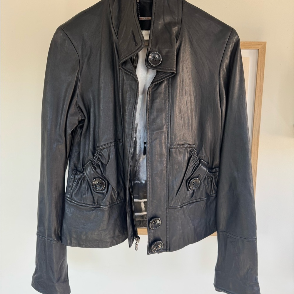 DKNY Black Leather Jacket with Silver Hardware